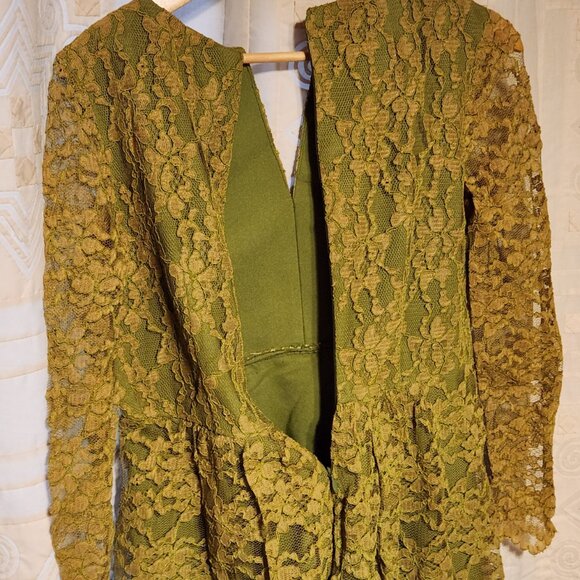 👗 VTG 60s Handmade Lace Dress Olive Mod Long Sleeve 🎯 - Picture 7 of 8